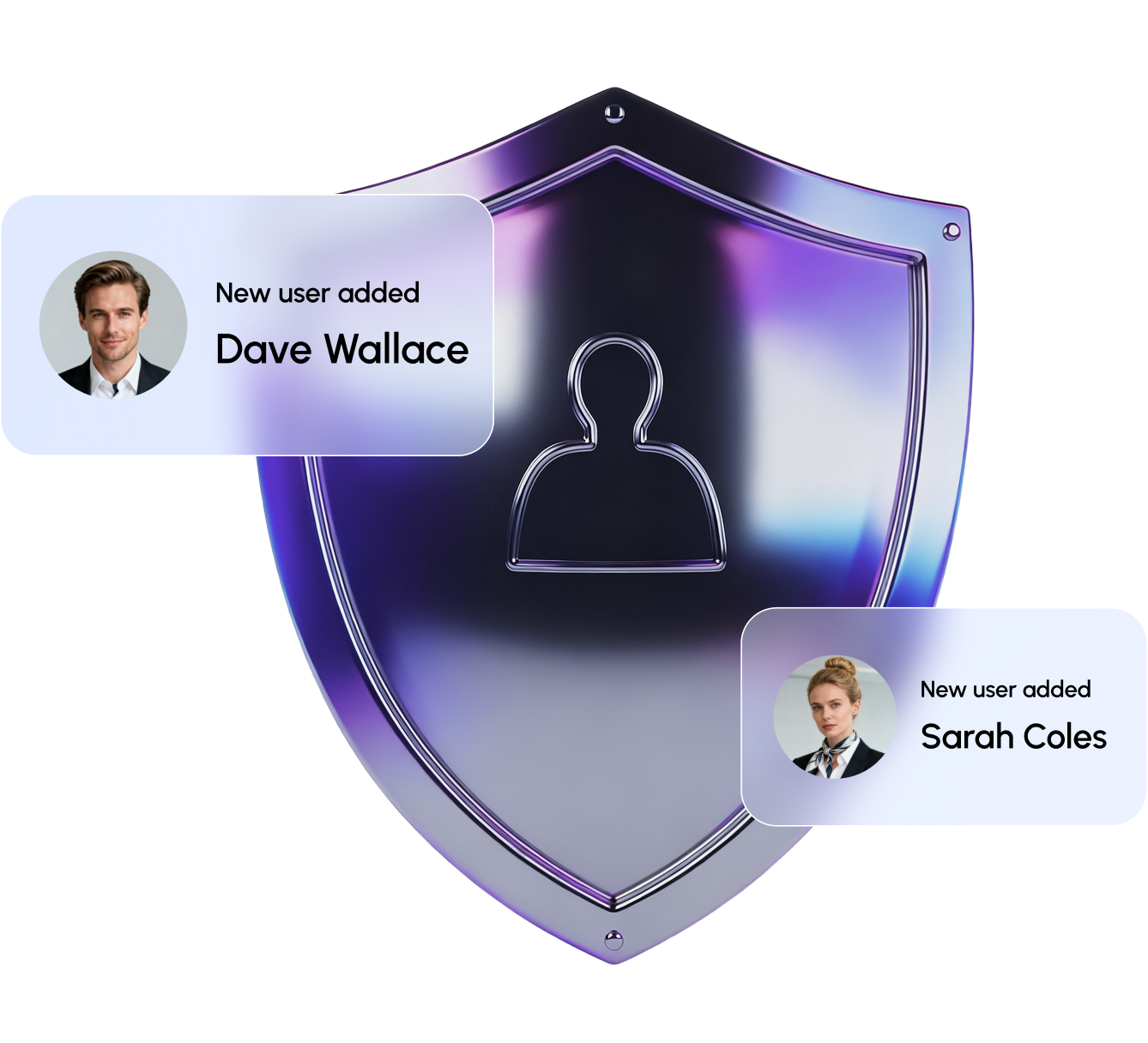A chrome shield with verified user cards floating beside it