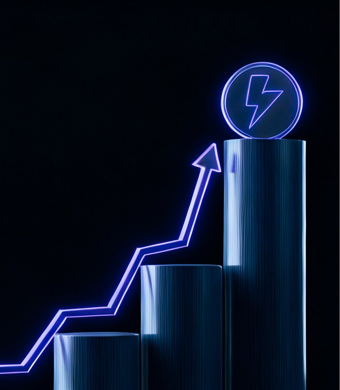 Rising bars with a violet trend arrow and a lightning coin