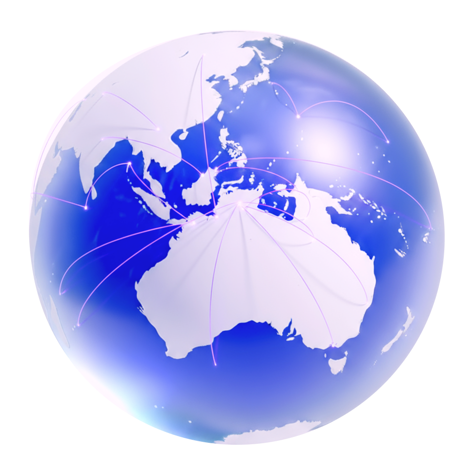 Globe centred on the Asia-Pacific with violet route lines